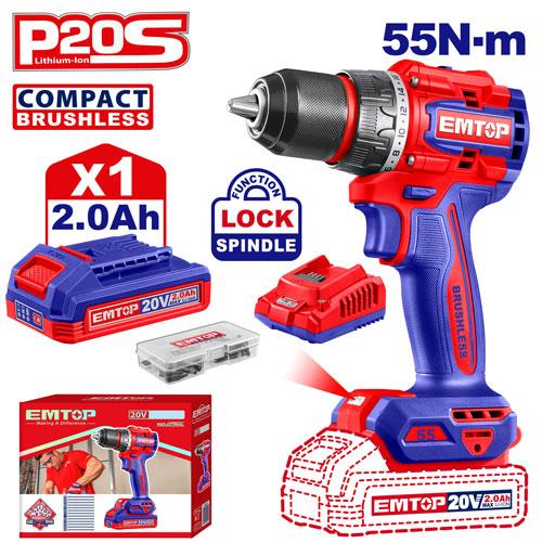 Visseuse perceuse 20V 55Nm Brushless avec accessoires 1 batterie ECDL205582 EMTOP