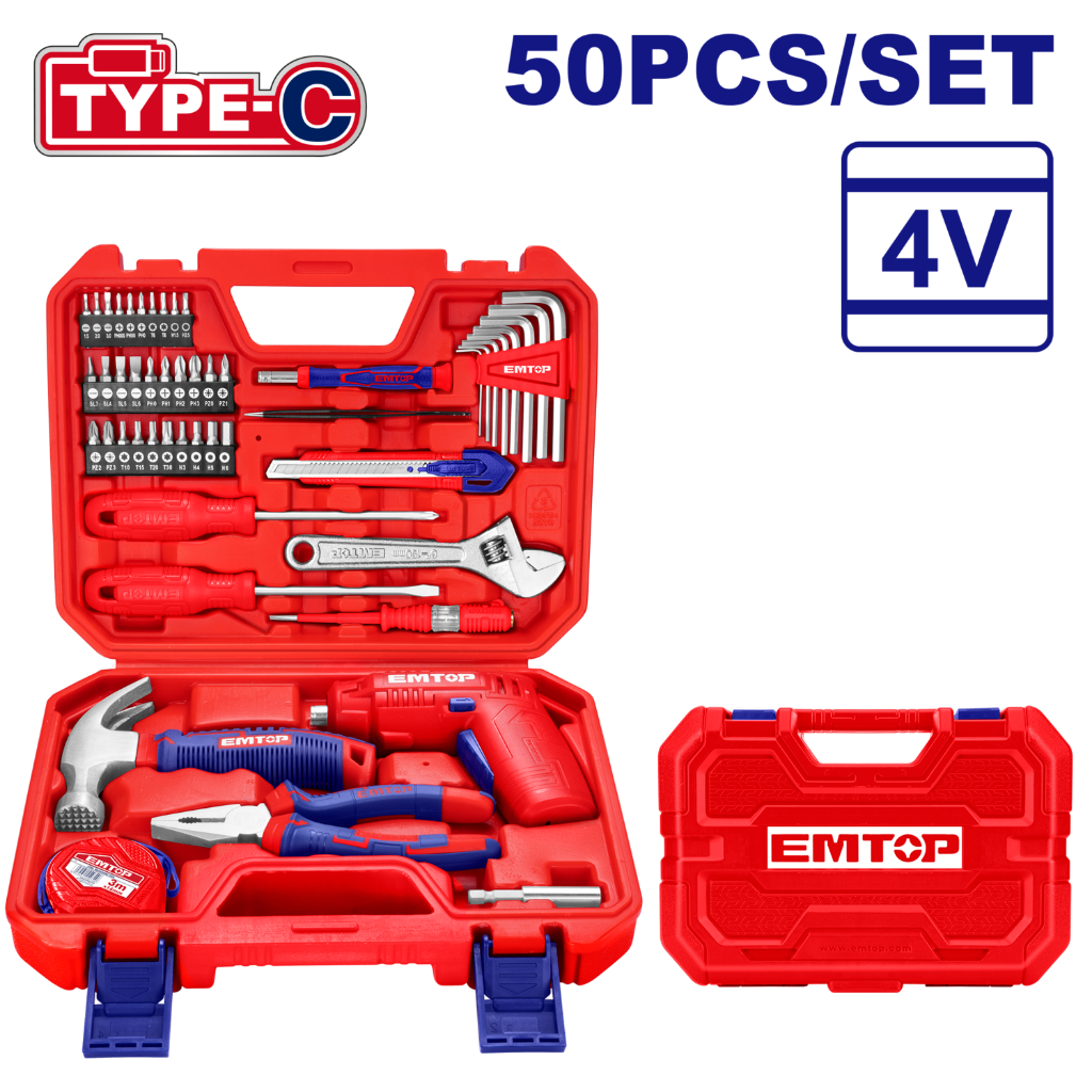 Kit caisse a outils avec visseuse 4v 50 Pieces EMTOP