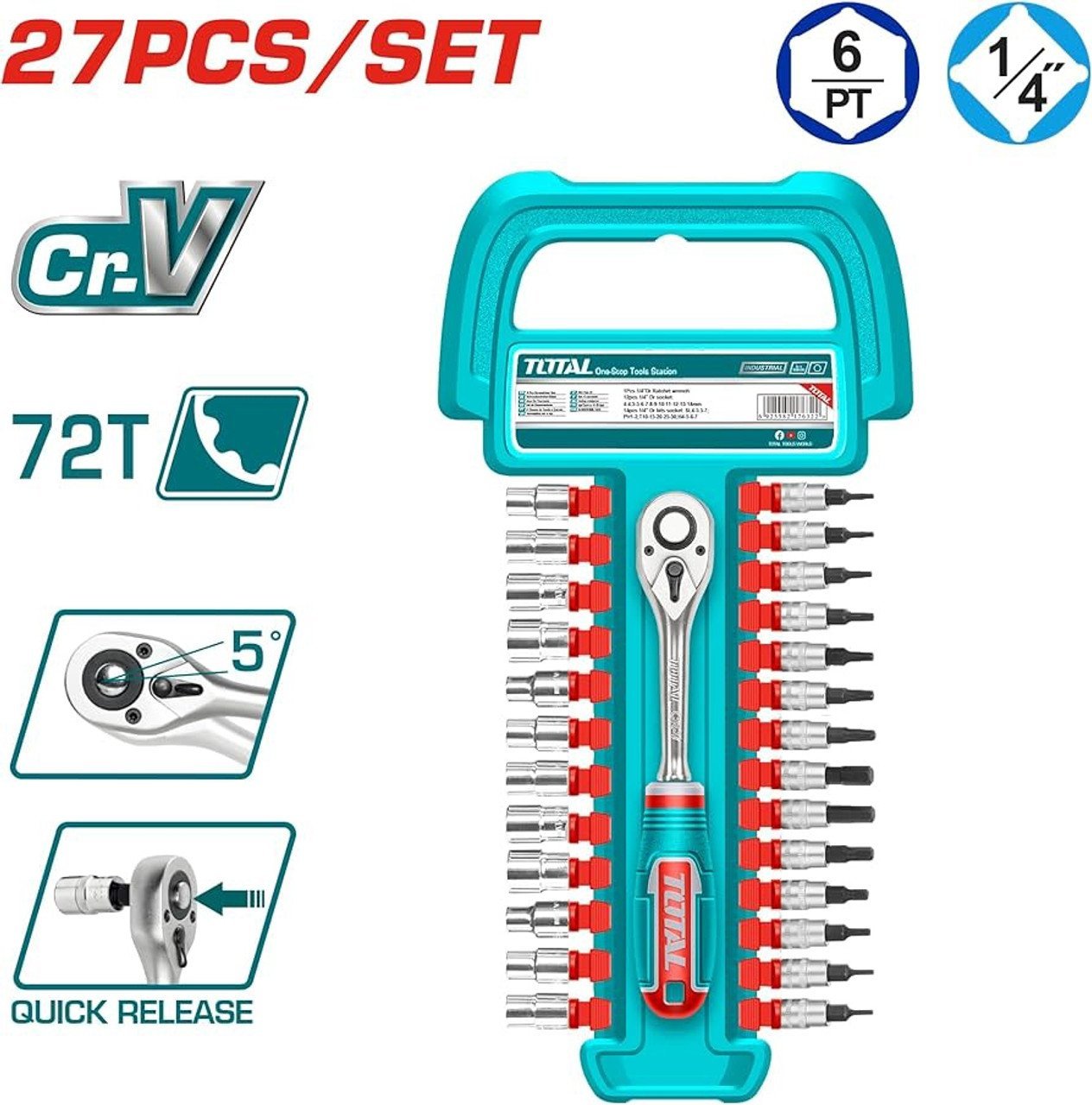 Kit bras cliquet et douilles 1/4" 4-14mm TOTAL