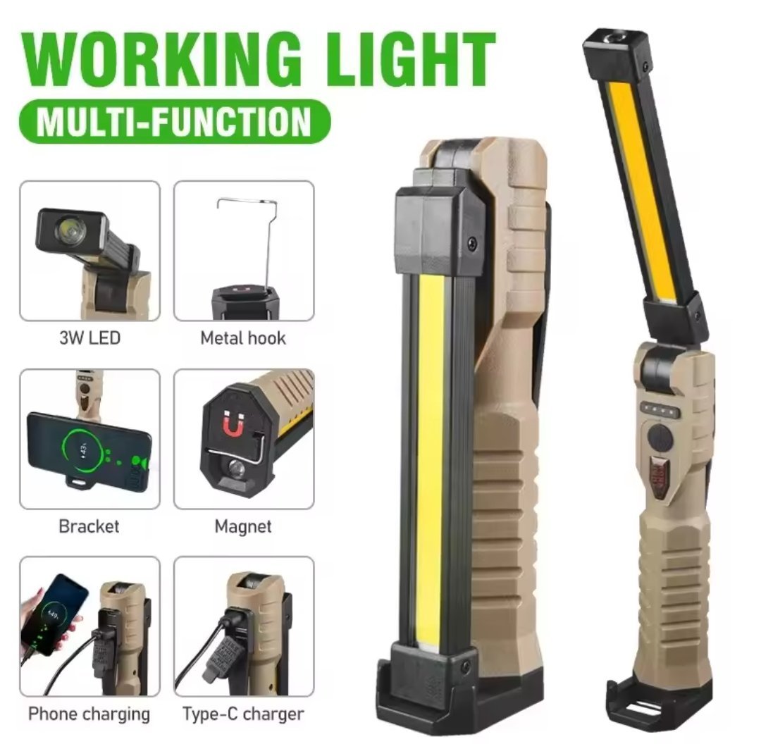 Lampe de poche LED COB rechargeable avec crochet de suspension et base magnétique