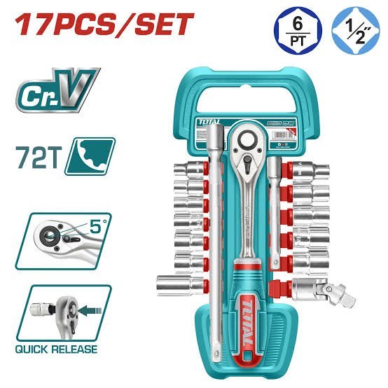Kit jeux de douilles et Bras cliquet 1/2" 17 pièces TOTAL