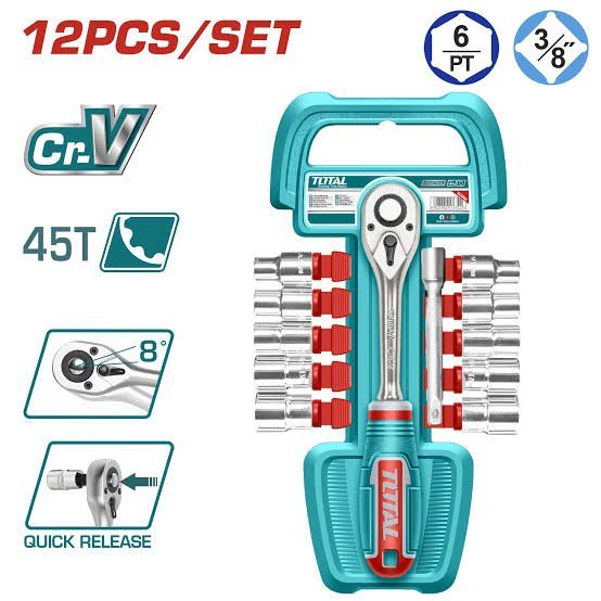 Kit Jeux de douilles et Bras cliquet 3/8" 12 pièces TOTAL