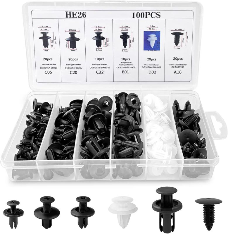 Boite agrafes clips et rivets plastique parechoc 100pcs SFT