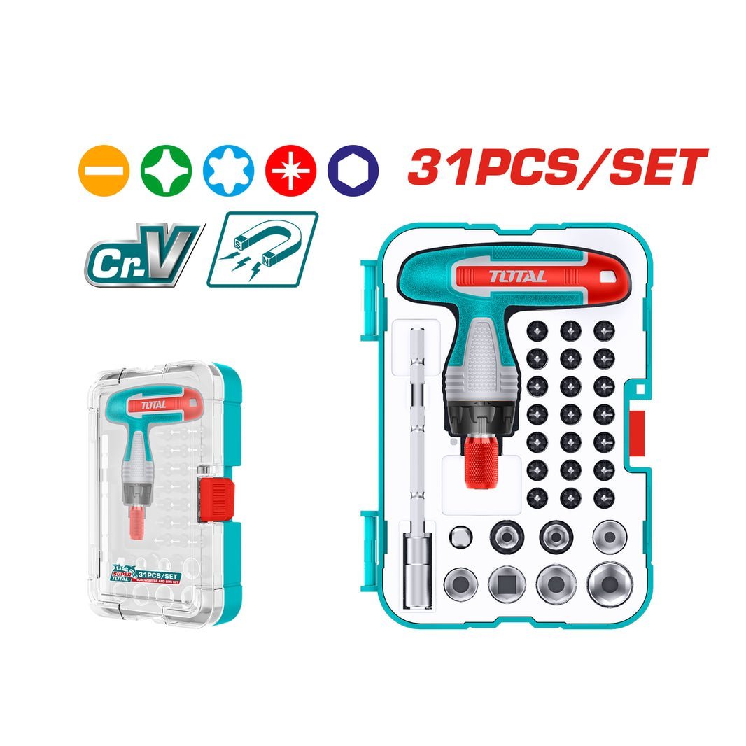 Tournevis à cliquet + coffret de 31 embouts magnétiques CR-V TOTAL