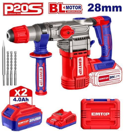 Marteau Perforateur A Batterie 20V 4Ah en valise EMTOP