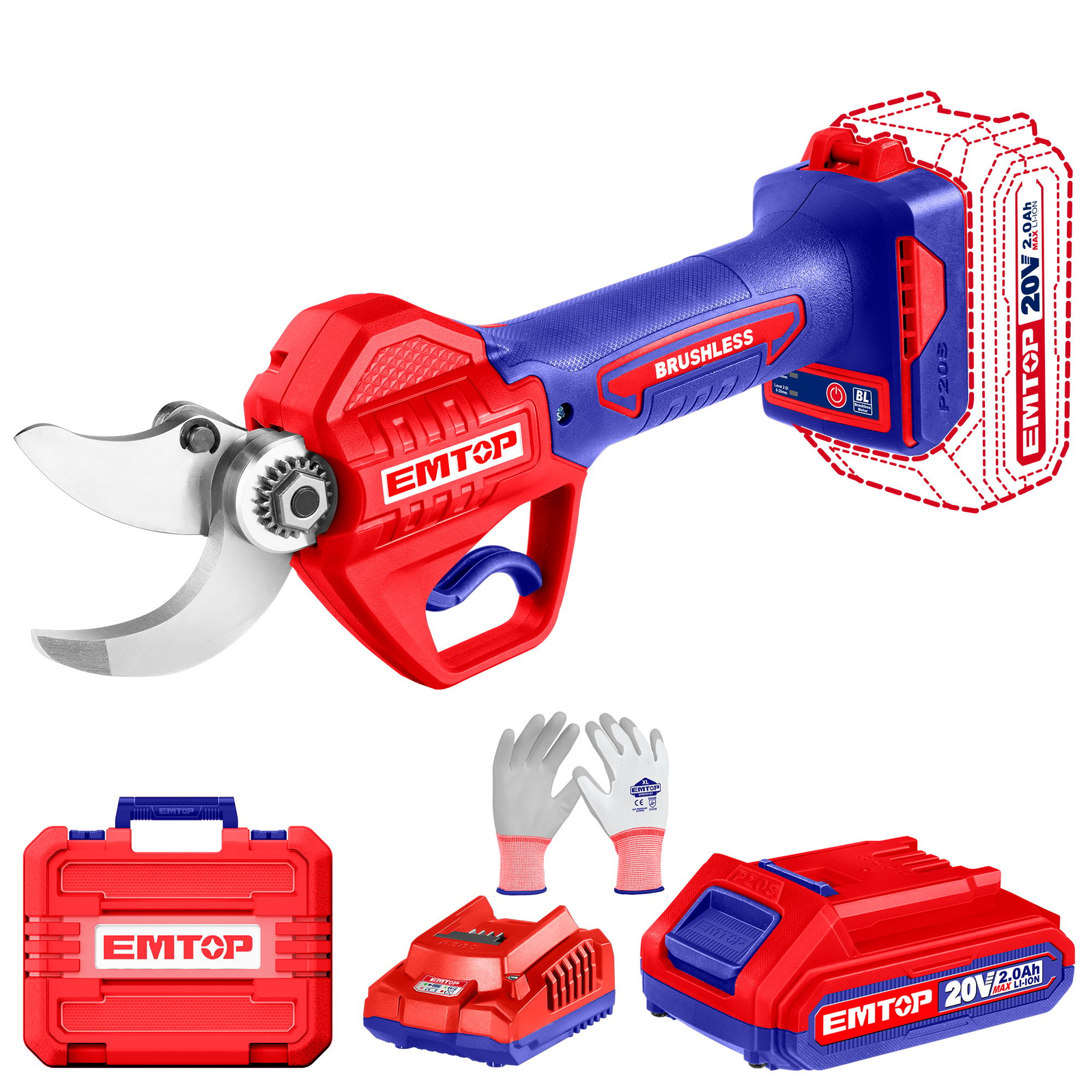 Sécateur À Batterie 20v 2ah EMTOP
