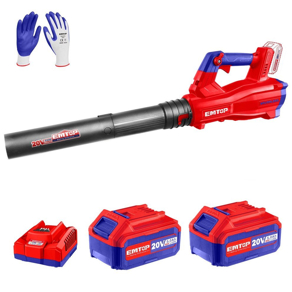 Souffleur à batterie 20V  Moteur brushless avec 1 chargeur + 2 batteries 4.0Ah + Gant picots PVC EMTOP