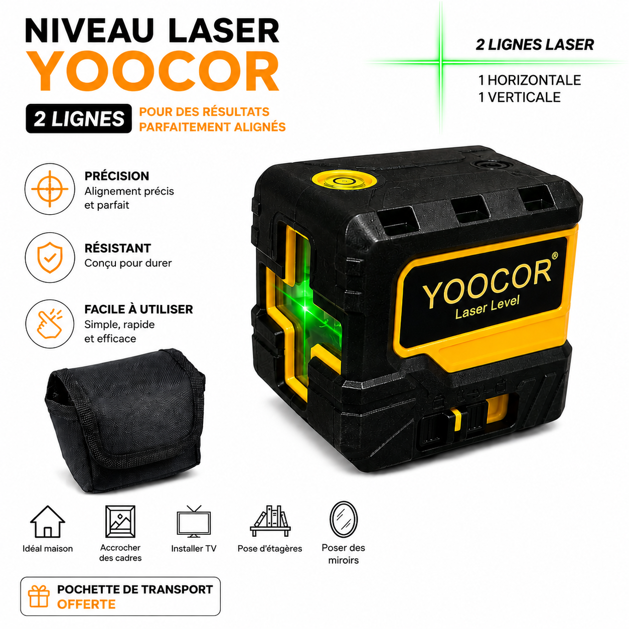 Niveau laser 2 lignes 2D H+V 4-5heures avec pilrs AA YOOCOR SFT