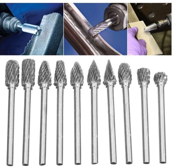 Kit de 10 fraises rotatives en carbure de tungstène 6mm – Longueur 43,5 à 50mm – Pour fraisage métal et polissage acier, aluminium, cuivre