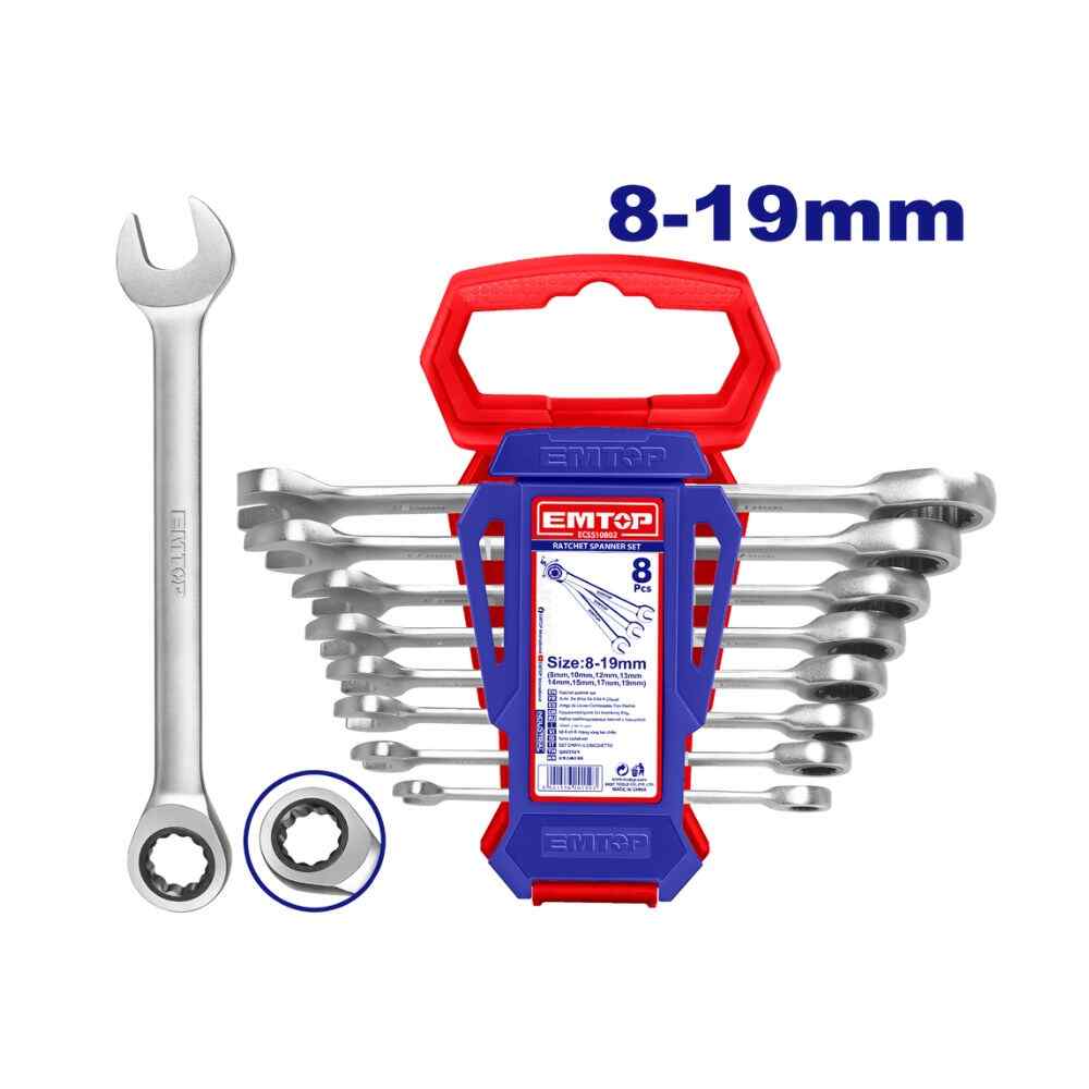 Jeux de clé mixte à cliquet 8pcs 8-19mm EMTOP ECSS10802