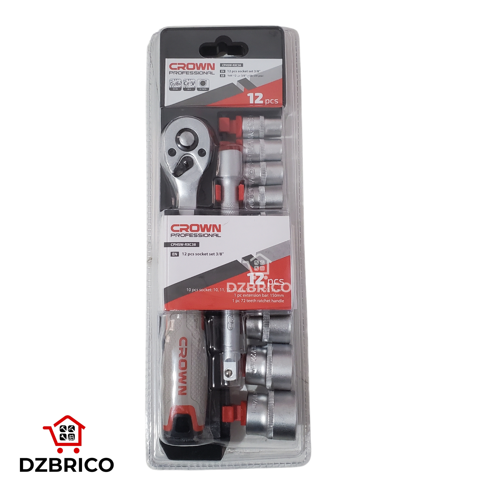 Jeu de douilles 3/8" 12 pièces, 10-24 mm CROWN