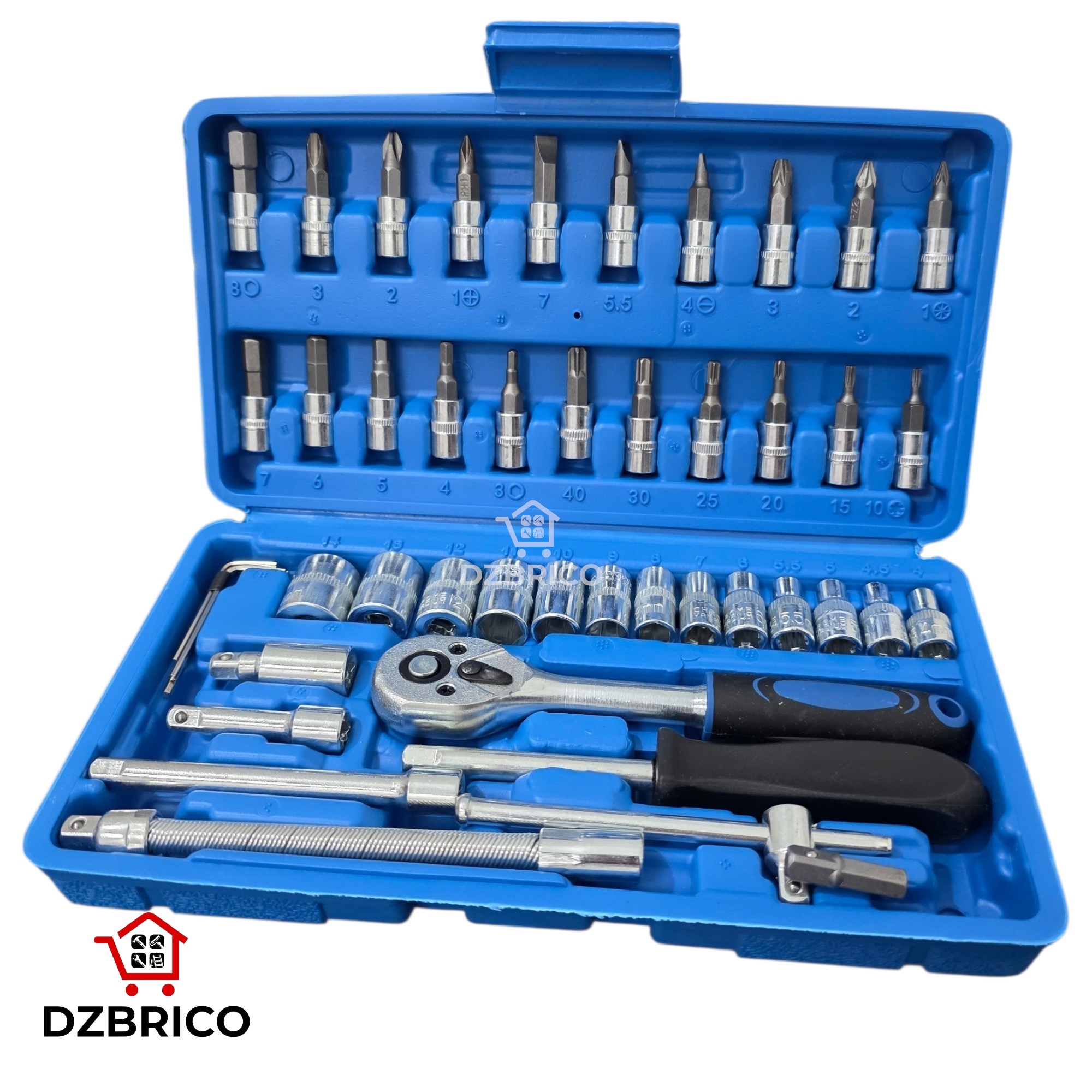 Coffret de douilles et bras cliquet 1/4" en Crv 46 Pièces SFT