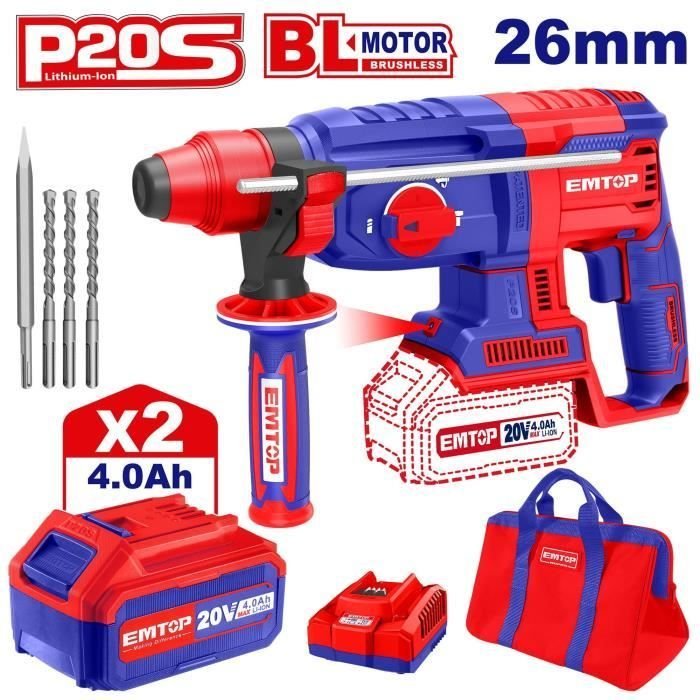 Marteau perforateur burineur sans fil 20v avec 1 chargeur + 2 batteries 4.0ah EMTOP