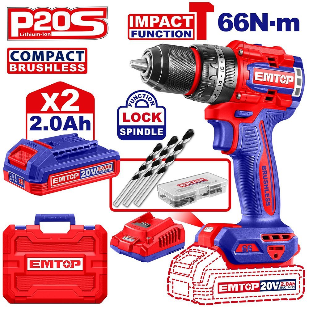 Visseuse a percussion Brushless 66nm 20V 2.0ah EMTOP