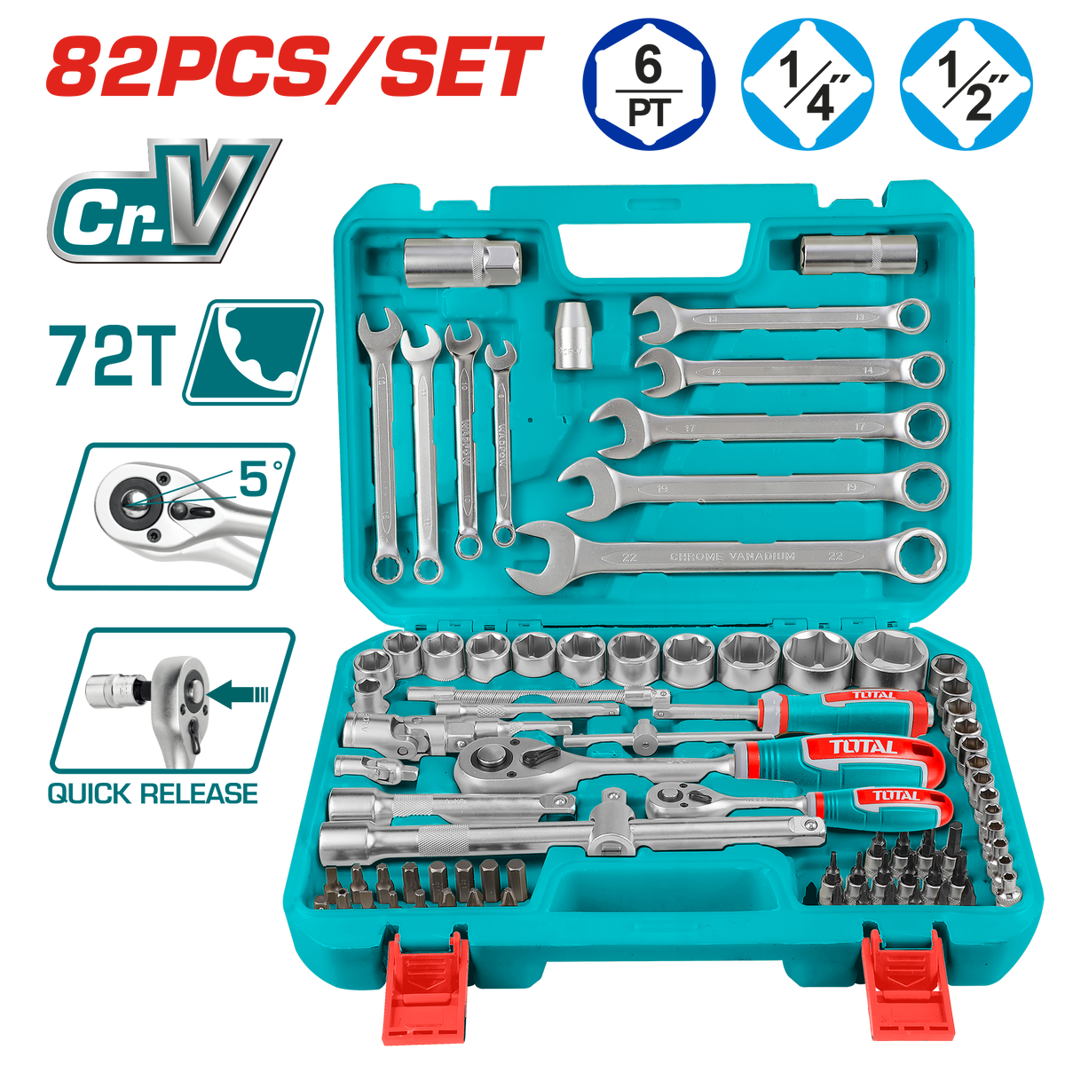 Caisse A Outils Cliquet 82 Pièces TOTAL