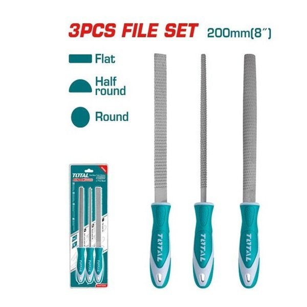 kit de 3 limes en métal, 200 mm, plates, semi-rondes et rondes, pour métal, bois TOTAL