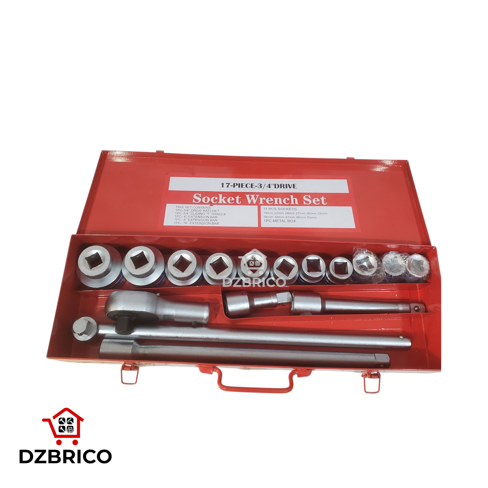 Jeu de douilles robustes 3/4" à 6 pans, 17 pièces, en acier au chrome-vanadium