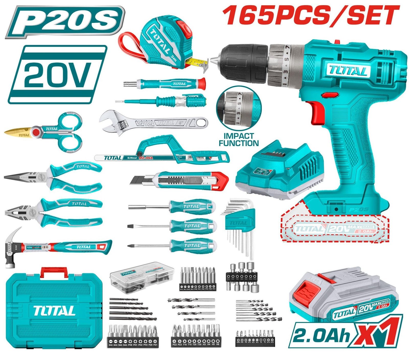 Kit caisse a Outils et visseuse 20V 165 Pièces TOTAL