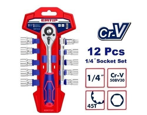 Jeu de Douilles 12Pcs Avec Bras de Cliquet 1/4″ Emtop