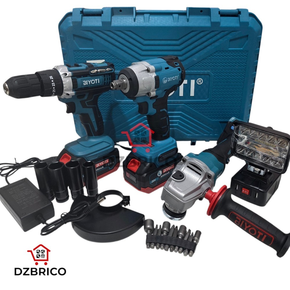 Kit ensemble d'outillage visseuse boulonneuse meuleuse d'angle et lampe avec 2 batterie 20v 2.0ah BIYOTI