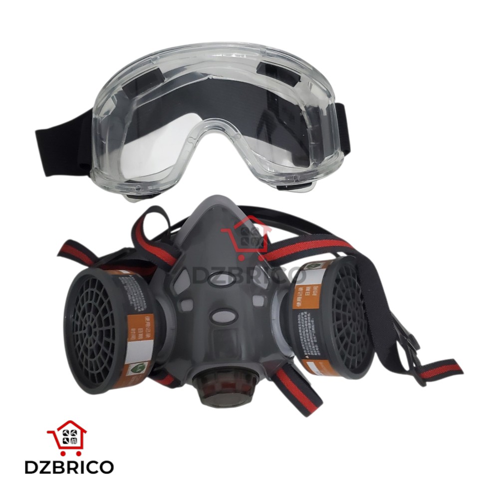 Demi-masque respiratoire réutilisable avec lunettes de sécurité et filtres contre la poussière, les vapeurs, les gaz, le pollen et les produits chimiques. Convient pour la peinture, le ponçage, le soudage, le travail du bois, la résine époxy et autres app
