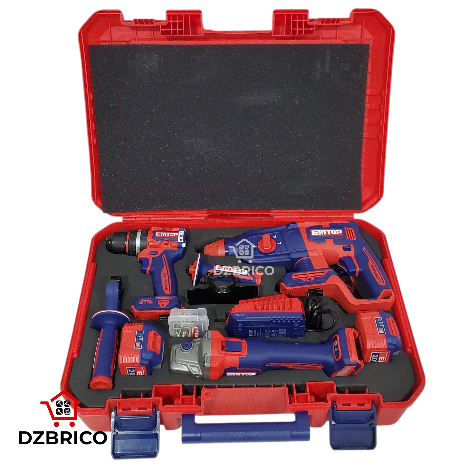kit d'outils electroportatif Visseuse, Perforateur, meuleuse en valise EMTOP