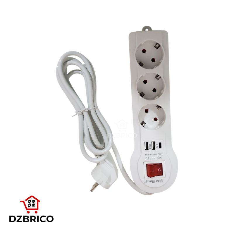 Multiprise 3 Prises avec Interrupteur Individuel,2 USB-A & 1 typ-C ,Câble 2m