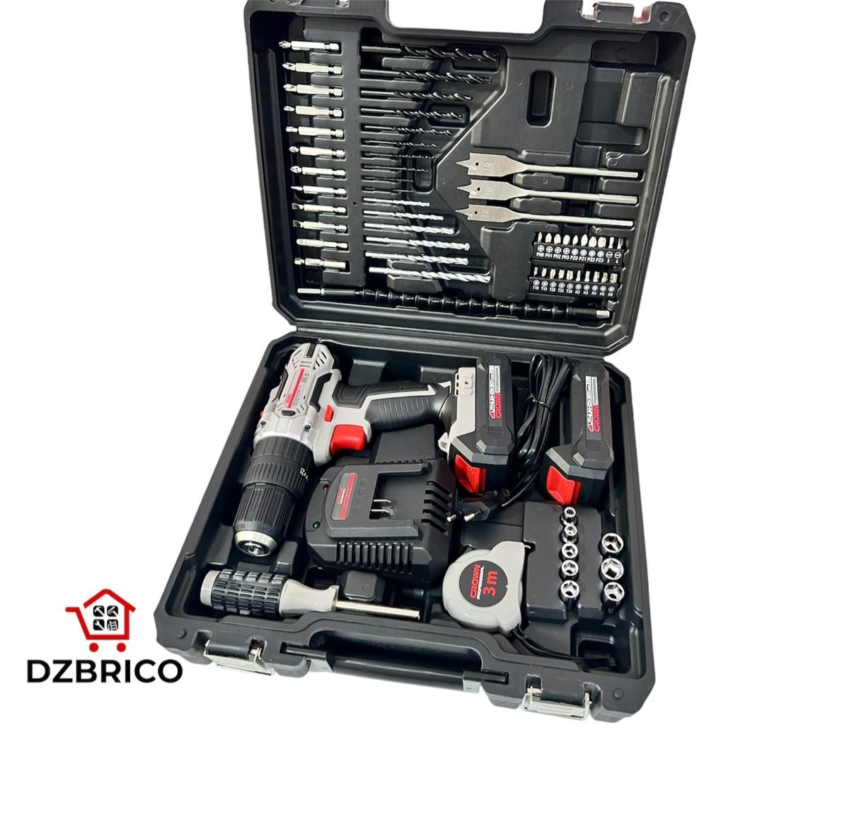Kit caisse a outils et visseuse 20V 2.0AH 62 Pcs CROWN