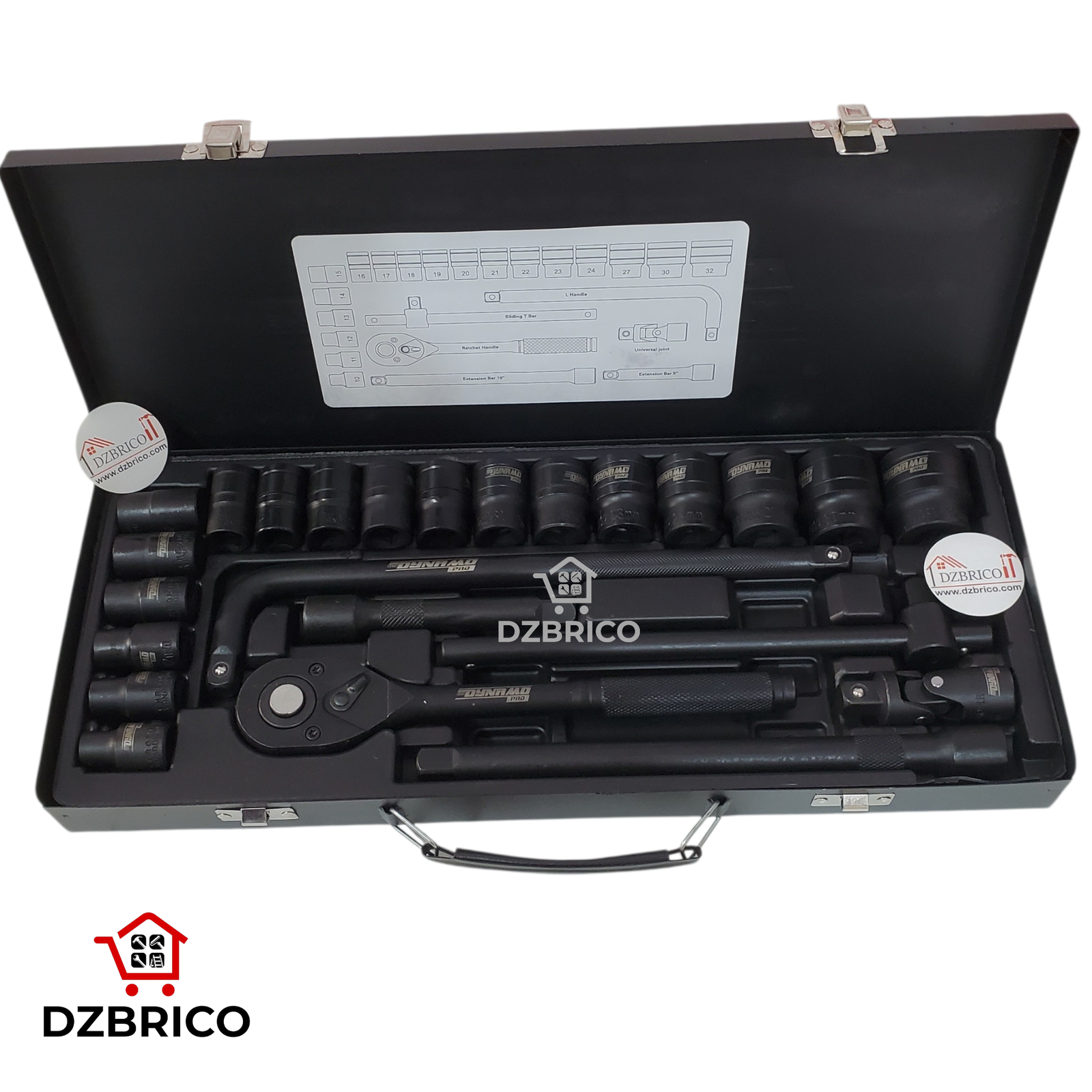 Coffret de douilles 24 pièces avec cliquet réversible 1/2" 6 ponts, douilles et accessoires DYNAMO