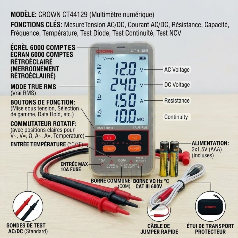 Multimètre numérique 10A CT44129 CROWN