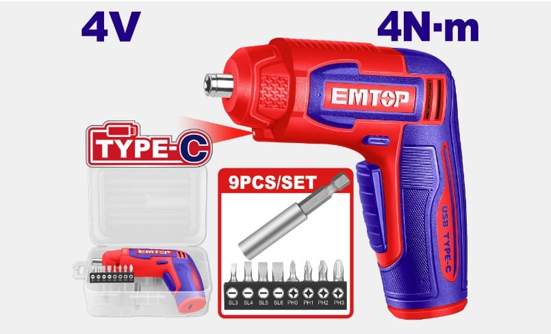 Visseuse Sans Fil 4V 4Nm Avec Éclairage LED Et Embouts Inclus Emtop ECSR0458