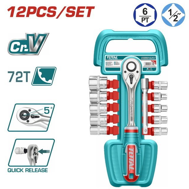 Kit Jeux Douilles et bras cliquet 1/2" 12Pcs TOTAL