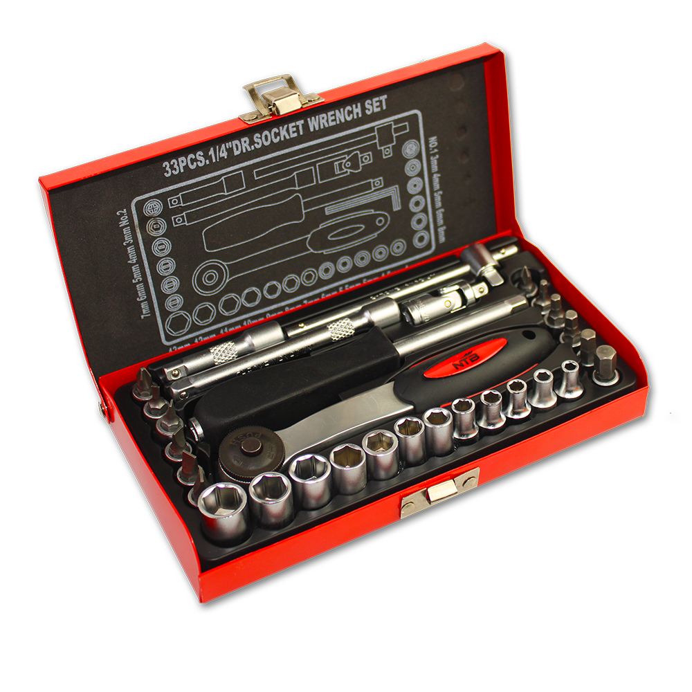 Coffret de douilles et bras cliquet 1/4" 33 Pièces NTB
