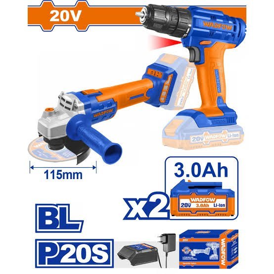 Kit Visseuse Et meuleuse d'angle BRUSHLESS a batterie 20v 3.0ah WADFOW