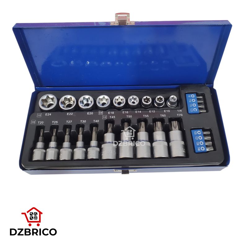 Jeu de 27 douilles et embouts Torx/étoile 3/8" et 1/2", type E, inviolables TE067 SFT