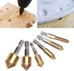 Jeu de 7 Pièces HSS Fraise à Chanfreiner 90° 5 Flûte avec Titane revêtu, Mèches Fraises Coniques à Tige Hexagonale avec Pointeau Automatique, Outils d’Ébavurage pour Bois Plastique 6/8/9/12/16/19 mm – Image 2