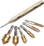 Jeu de 7 Pièces HSS Fraise à Chanfreiner 90° 5 Flûte avec Titane revêtu, Mèches Fraises Coniques à Tige Hexagonale avec Pointeau Automatique, Outils d’Ébavurage pour Bois Plastique 6/8/9/12/16/19 mm