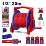 Support de tuyau d'irrigation rouge et bleu avec tuyau de 20 m (1/2") + accessoires EMTOP